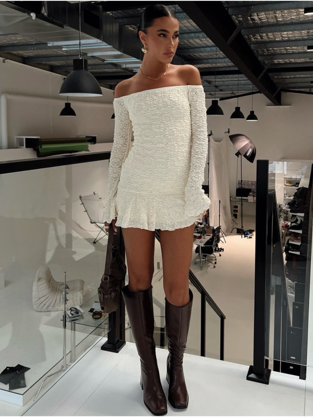 Princess Polly Vancesca Off Shoulder Long Sleeve Mini Dress Cream